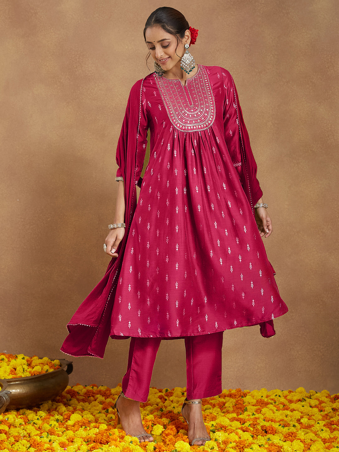 Ninnique Women's Pink Silk Blend Zari Yoke Embroidered Gold Printed A-line Kurta Set With Dupatta