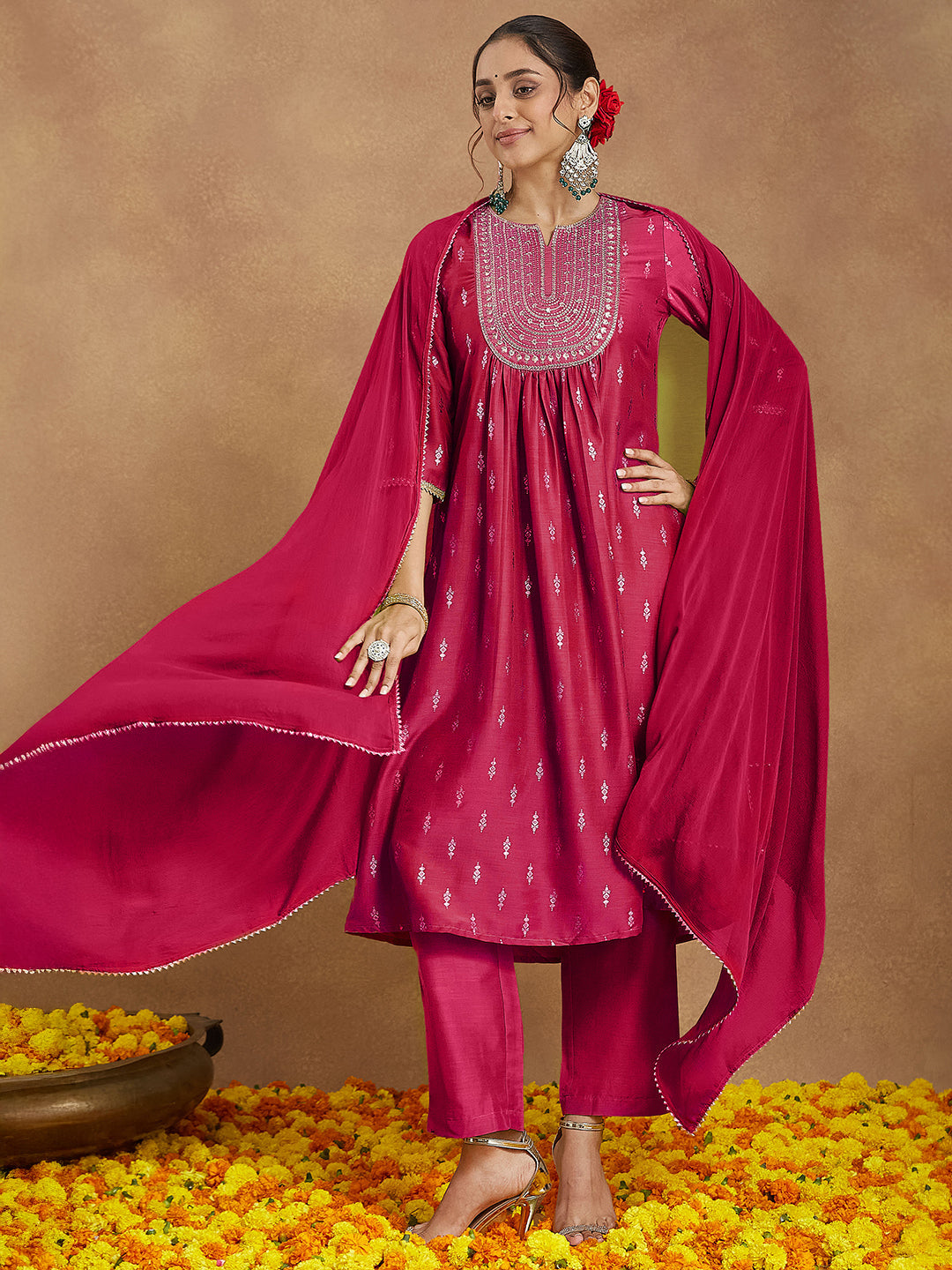 Ninnique Women's Pink Silk Blend Zari Yoke Embroidered Gold Printed A-line Kurta Set With Dupatta