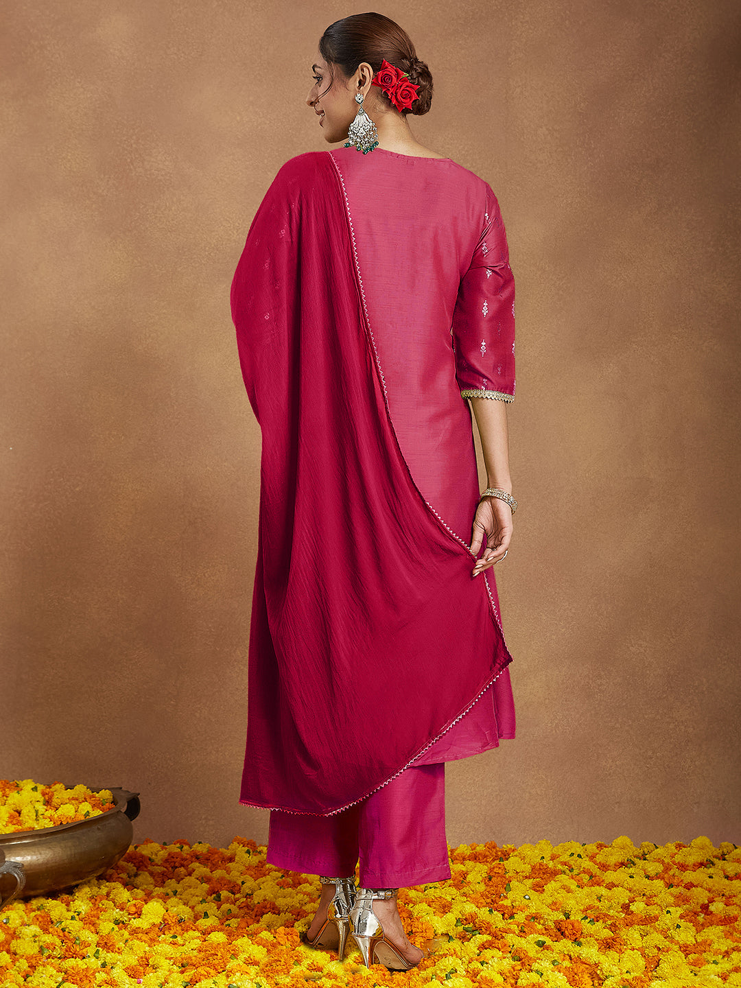 Ninnique Women's Pink Silk Blend Zari Yoke Embroidered Gold Printed A-line Kurta Set With Dupatta