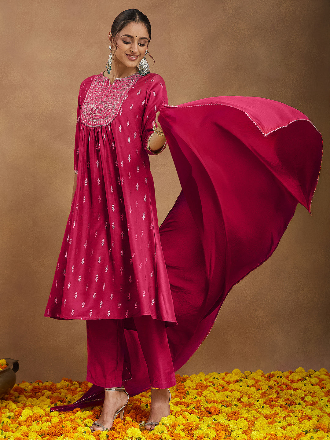 Ninnique Women's Pink Silk Blend Zari Yoke Embroidered Gold Printed A-line Kurta Set With Dupatta