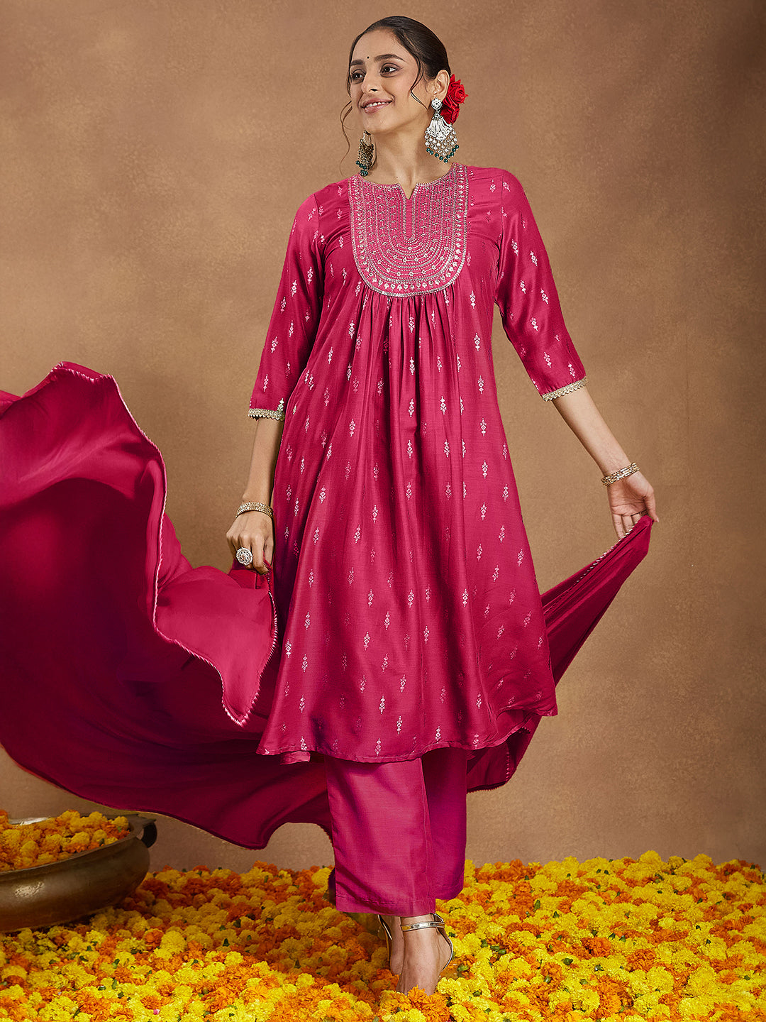 Ninnique Women's Pink Silk Blend Zari Yoke Embroidered Gold Printed A-line Kurta Set With Dupatta