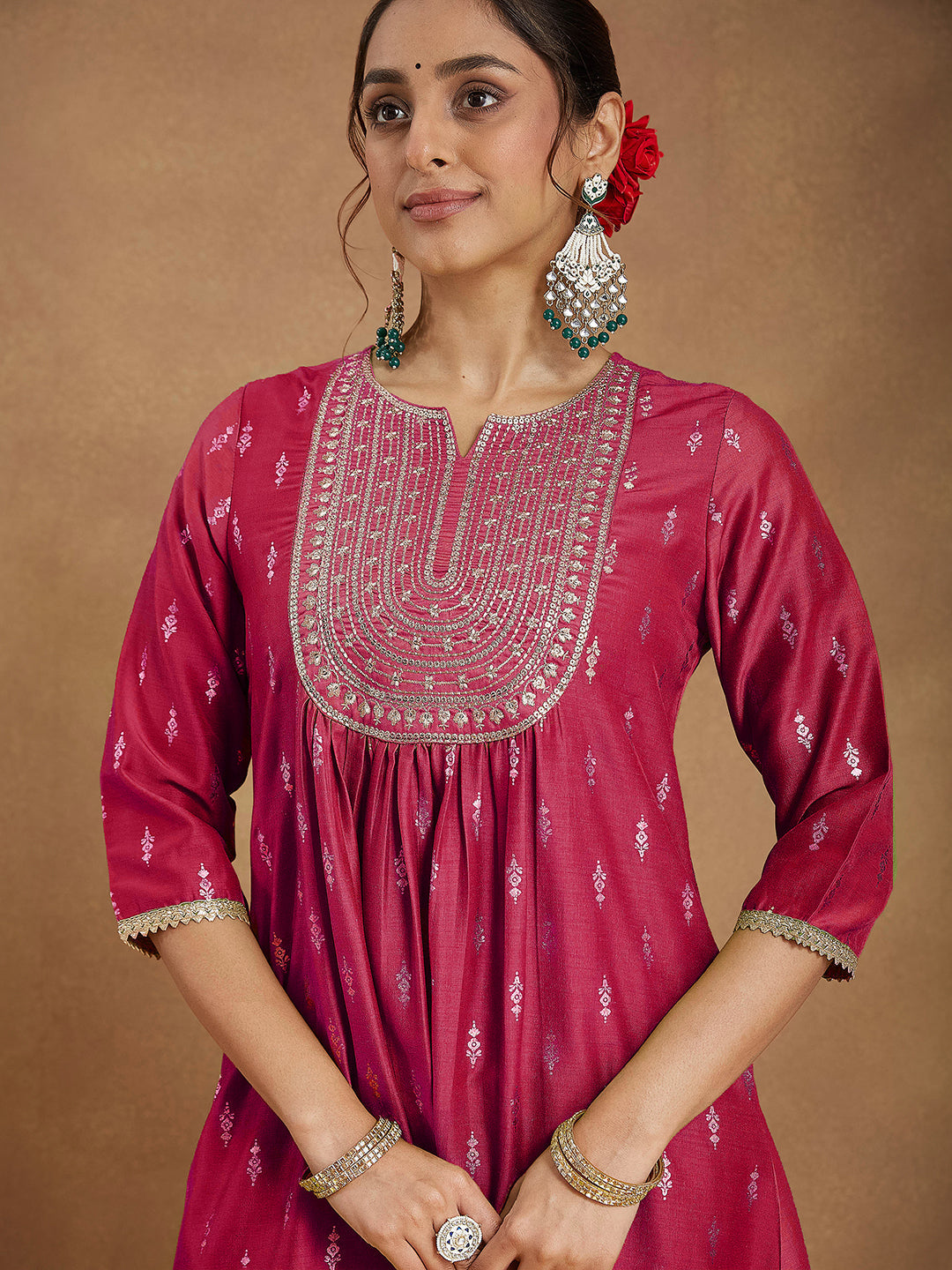 Ninnique Women's Pink Silk Blend Zari Yoke Embroidered Gold Printed A-line Kurta Set With Dupatta