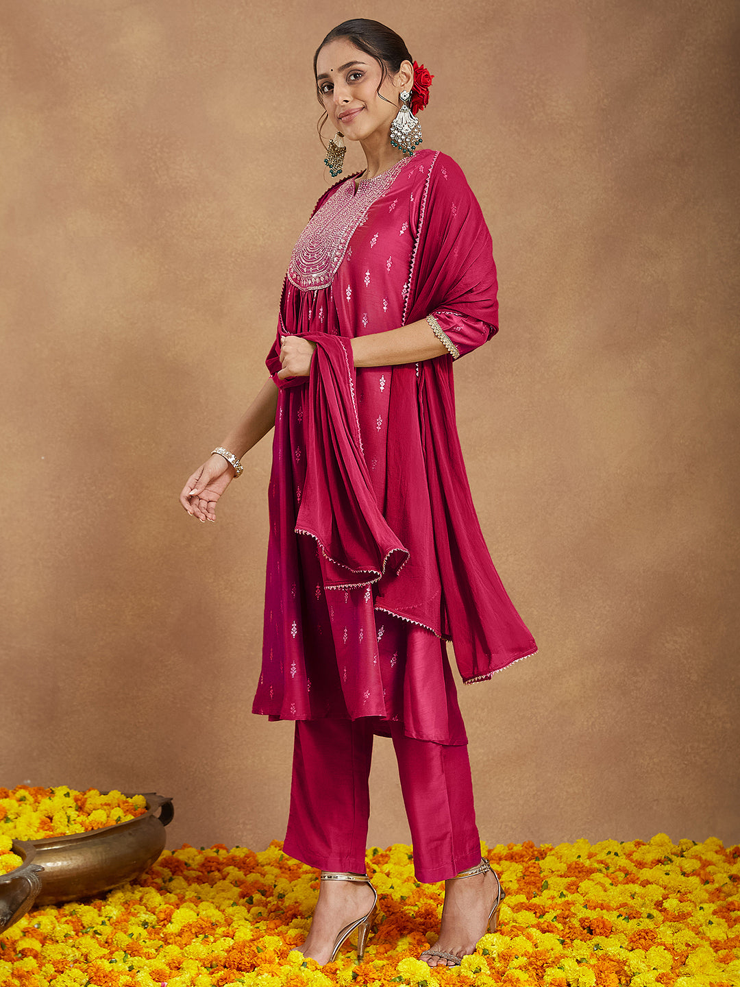 Ninnique Women's Pink Silk Blend Zari Yoke Embroidered Gold Printed A-line Kurta Set With Dupatta
