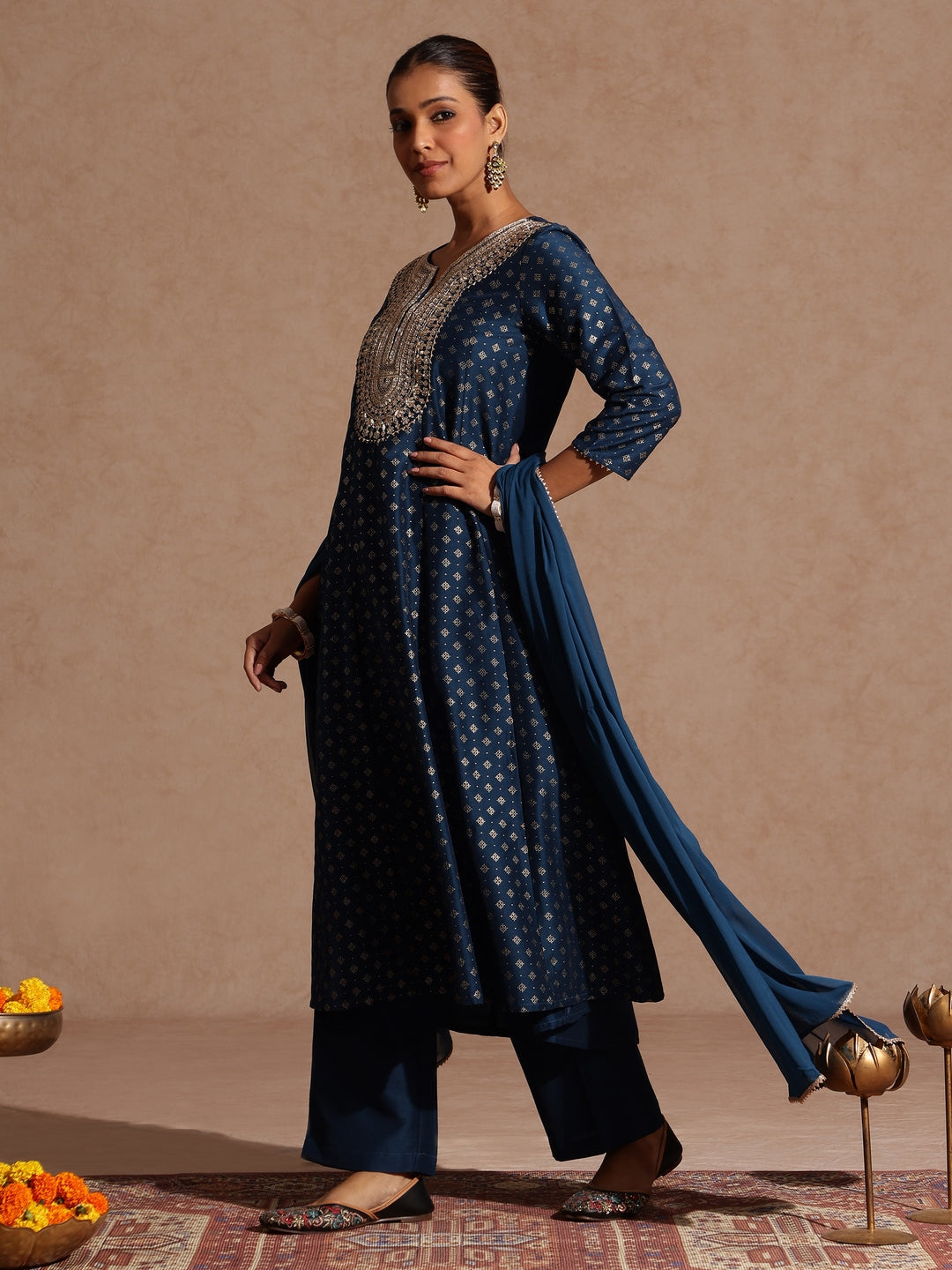 Ninnique Women's Teal Blue Silk Blend Zari Embroidered Gold Printed Anarkali Kurta Set