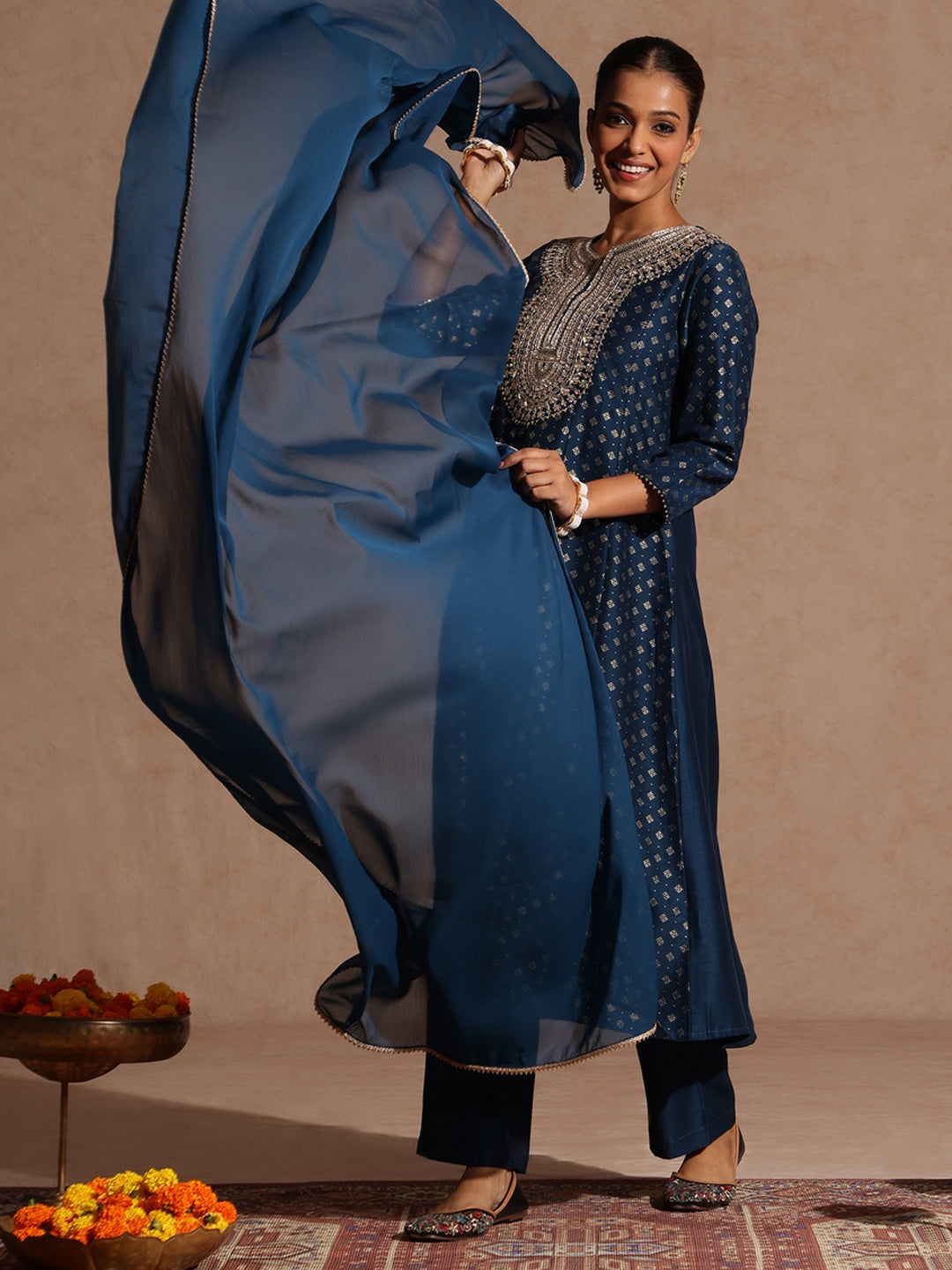 Ninnique Women's Teal Blue Silk Blend Zari Embroidered Gold Printed Anarkali Kurta Set