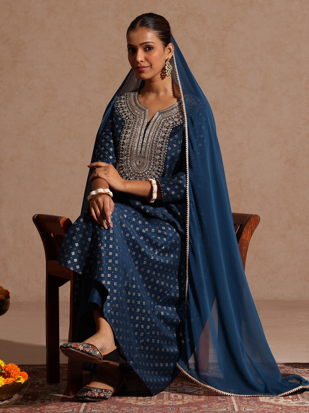 Ninnique Women's Teal Blue Silk Blend Zari Embroidered Gold Printed Anarkali Kurta Set