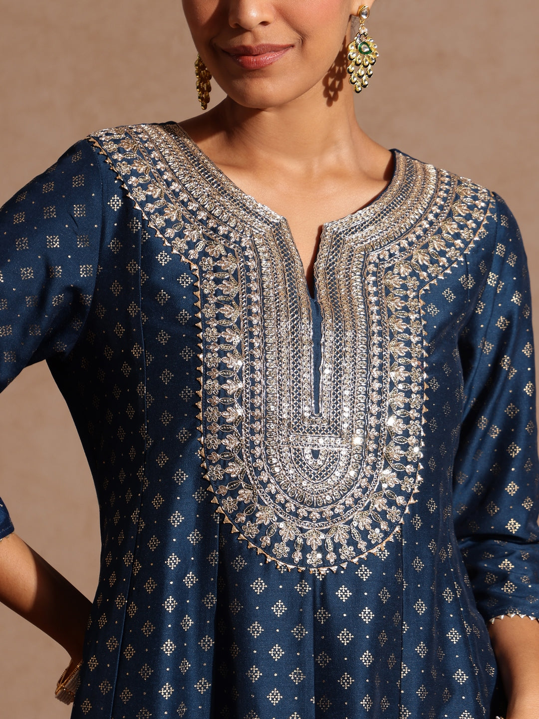 Ninnique Women's Teal Blue Silk Blend Zari Embroidered Gold Printed Anarkali Kurta Set