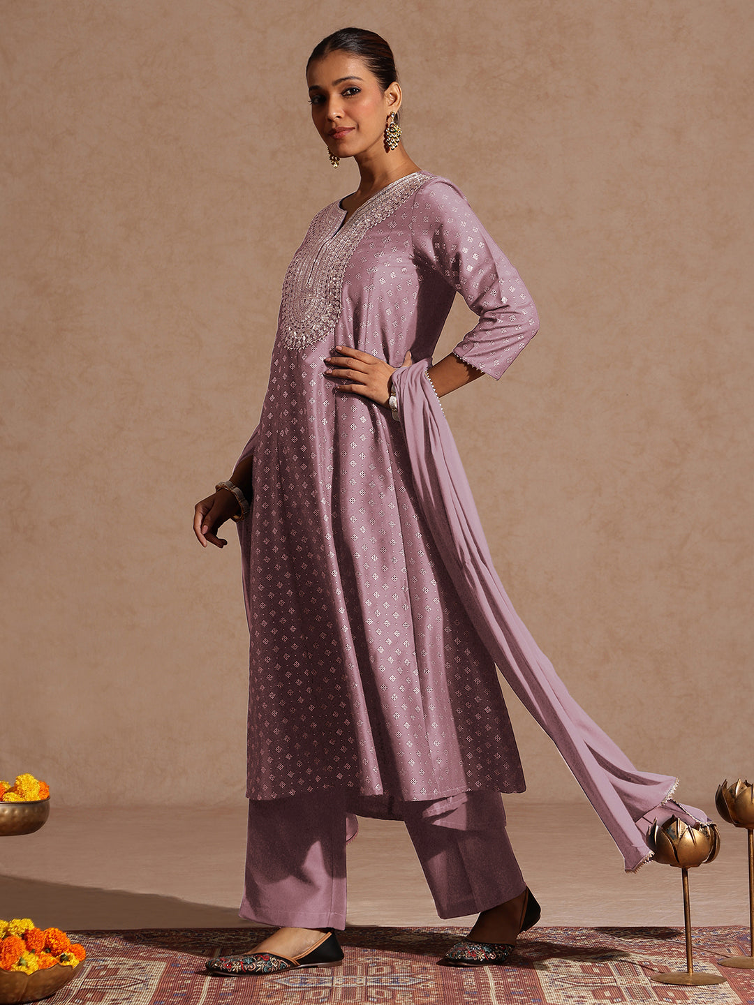 Ninnique Women's Lavender Silk Blend Zari Embroidered Gold Printed Anarkali Kurta Set