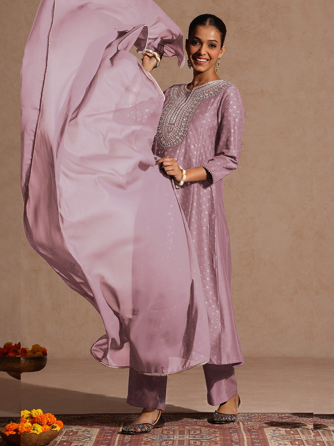 Ninnique Women's Lavender Silk Blend Zari Embroidered Gold Printed Anarkali Kurta Set