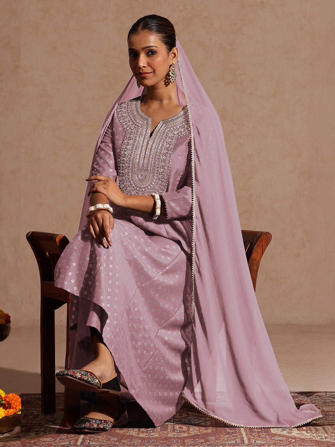 Ninnique Women's Lavender Silk Blend Zari Embroidered Gold Printed Anarkali Kurta Set