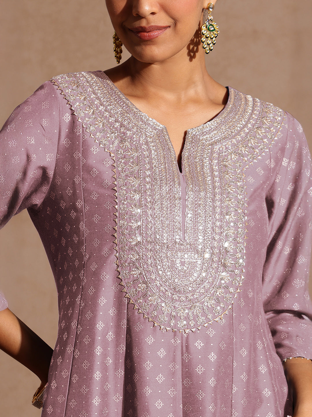 Ninnique Women's Lavender Silk Blend Zari Embroidered Gold Printed Anarkali Kurta Set