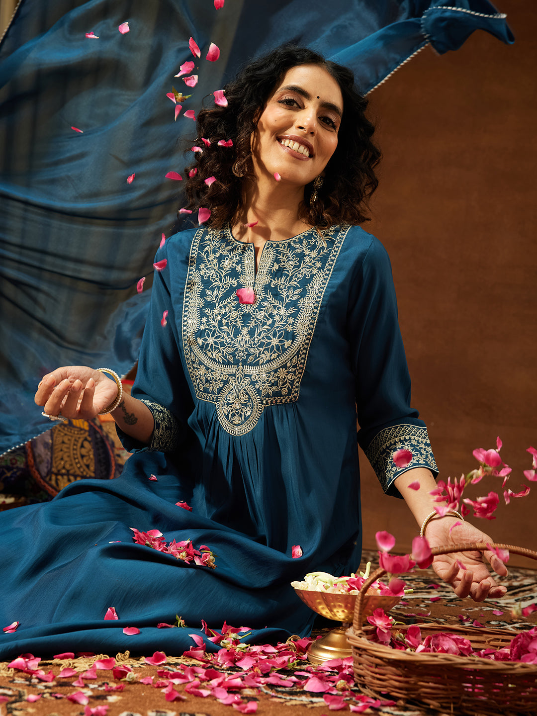 Ninnique Women's Teal Blue Chanderi Silk Zari Embroidered A-line Kurta Set