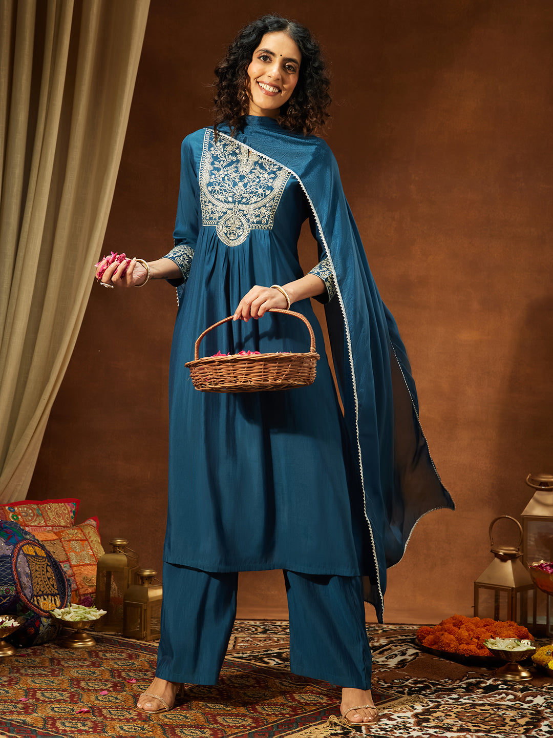 Ninnique Women's Teal Blue Chanderi Silk Zari Embroidered A-line Kurta Set