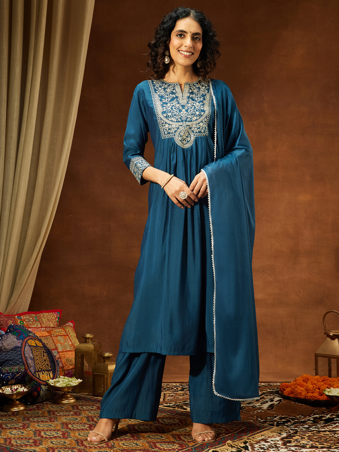 Ninnique Women's Teal Blue Chanderi Silk Zari Embroidered A-line Kurta Set
