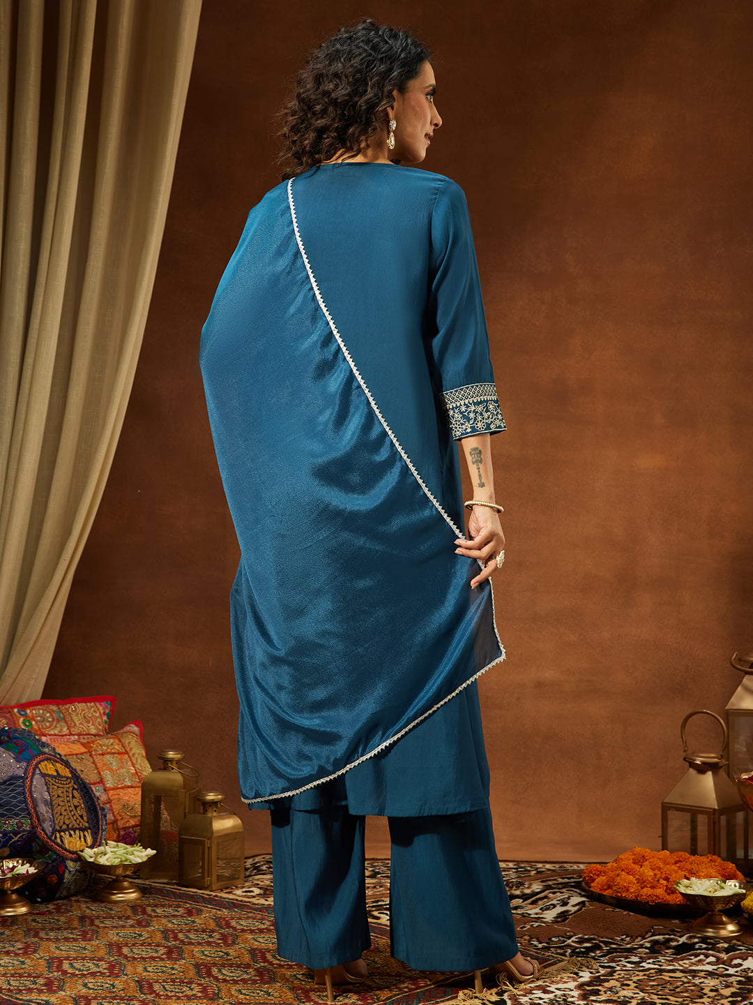Ninnique Women's Teal Blue Chanderi Silk Zari Embroidered A-line Kurta Set