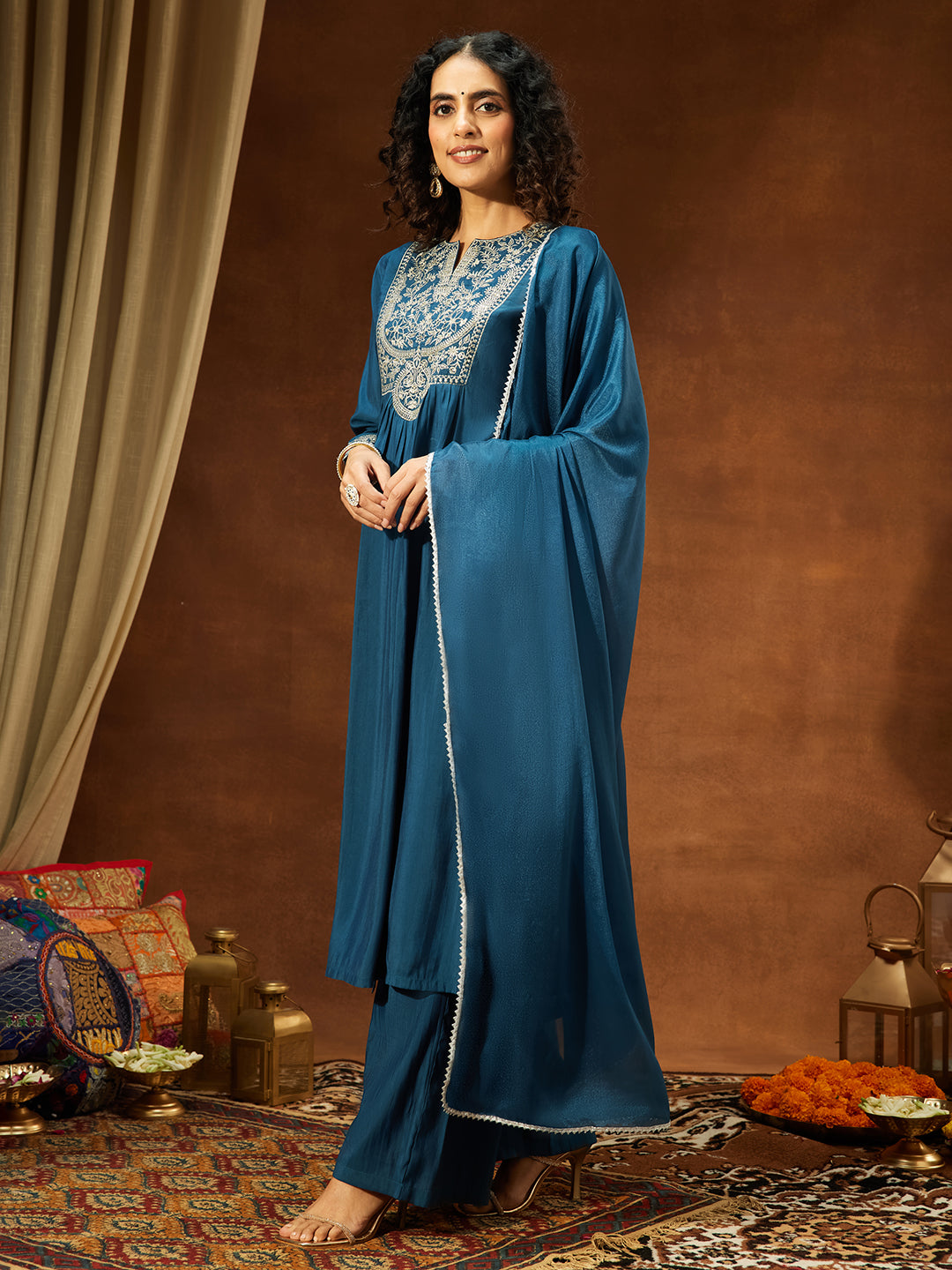 Ninnique Women's Teal Blue Chanderi Silk Zari Embroidered A-line Kurta Set