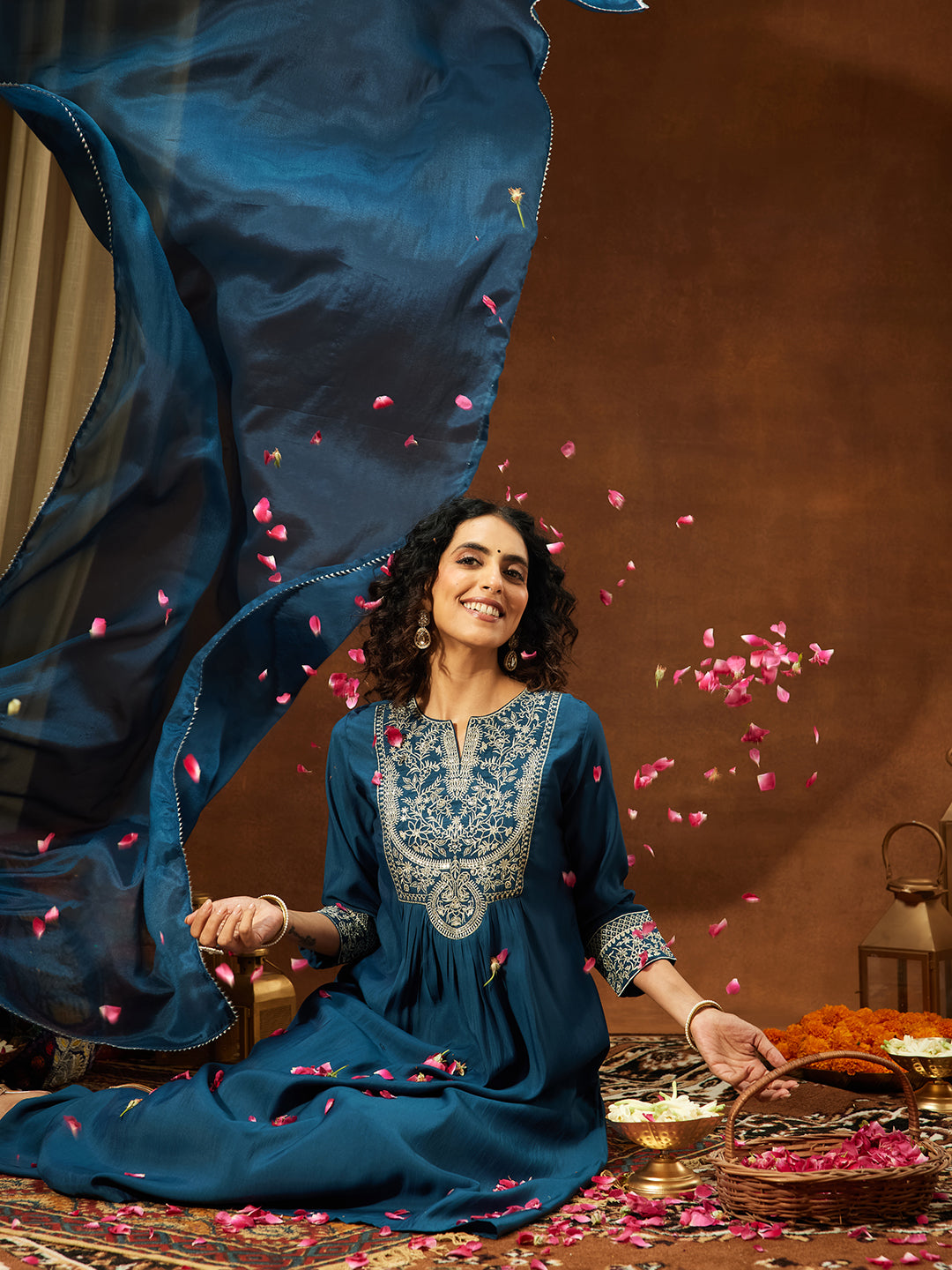 Ninnique Women's Teal Blue Chanderi Silk Zari Embroidered A-line Kurta Set