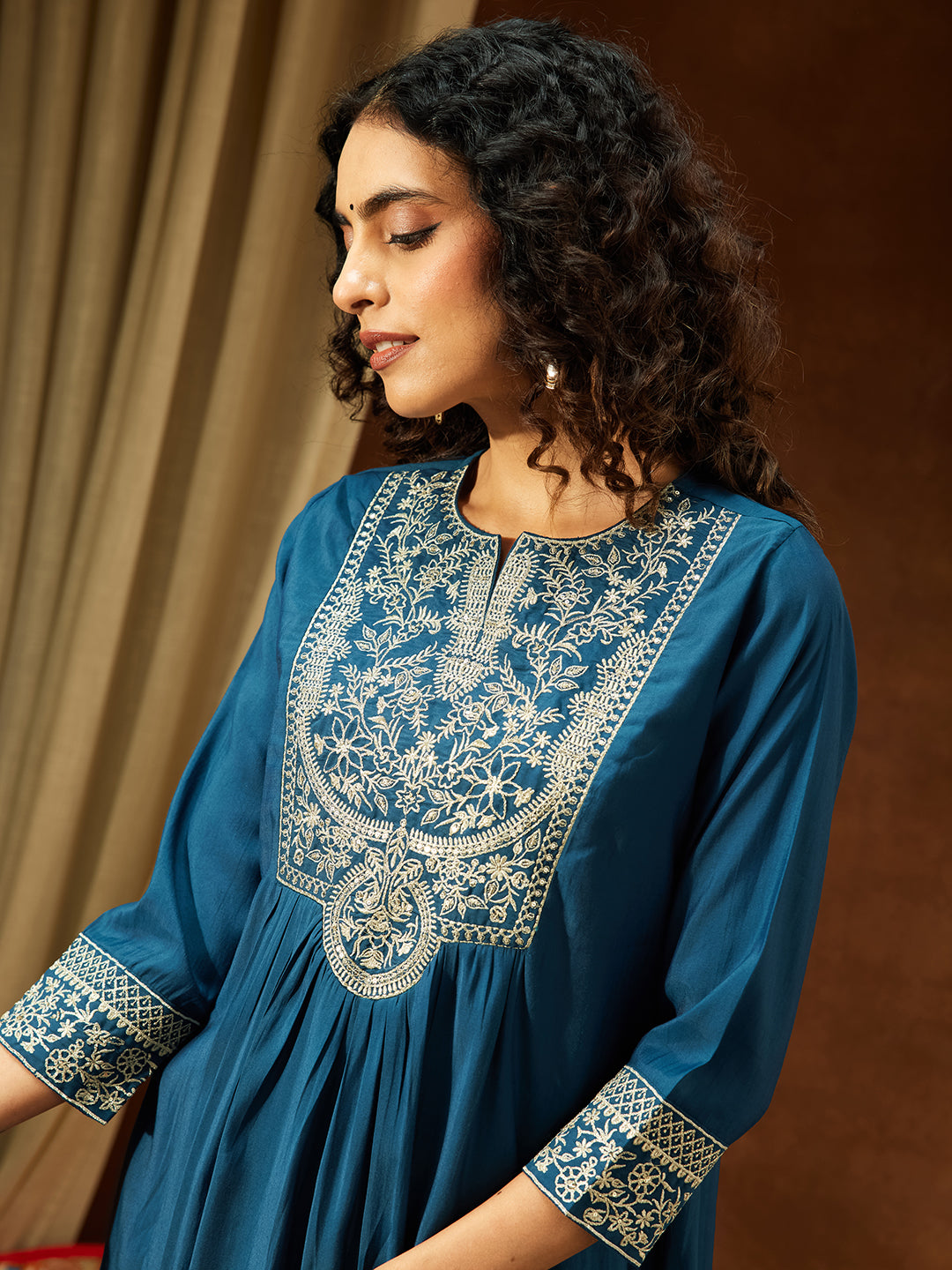 Ninnique Women's Teal Blue Chanderi Silk Zari Embroidered A-line Kurta Set