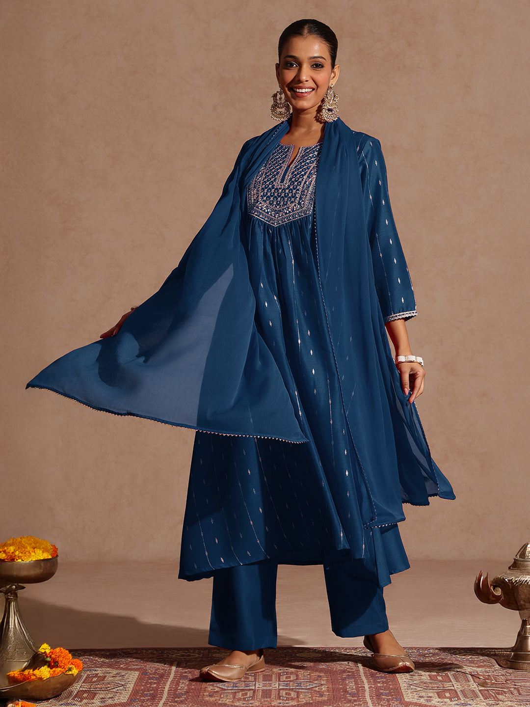 Ninnique Women's Teal Blue Silk Blend Zari Yoke Embroidered A-line Kurta Set With Dupatta