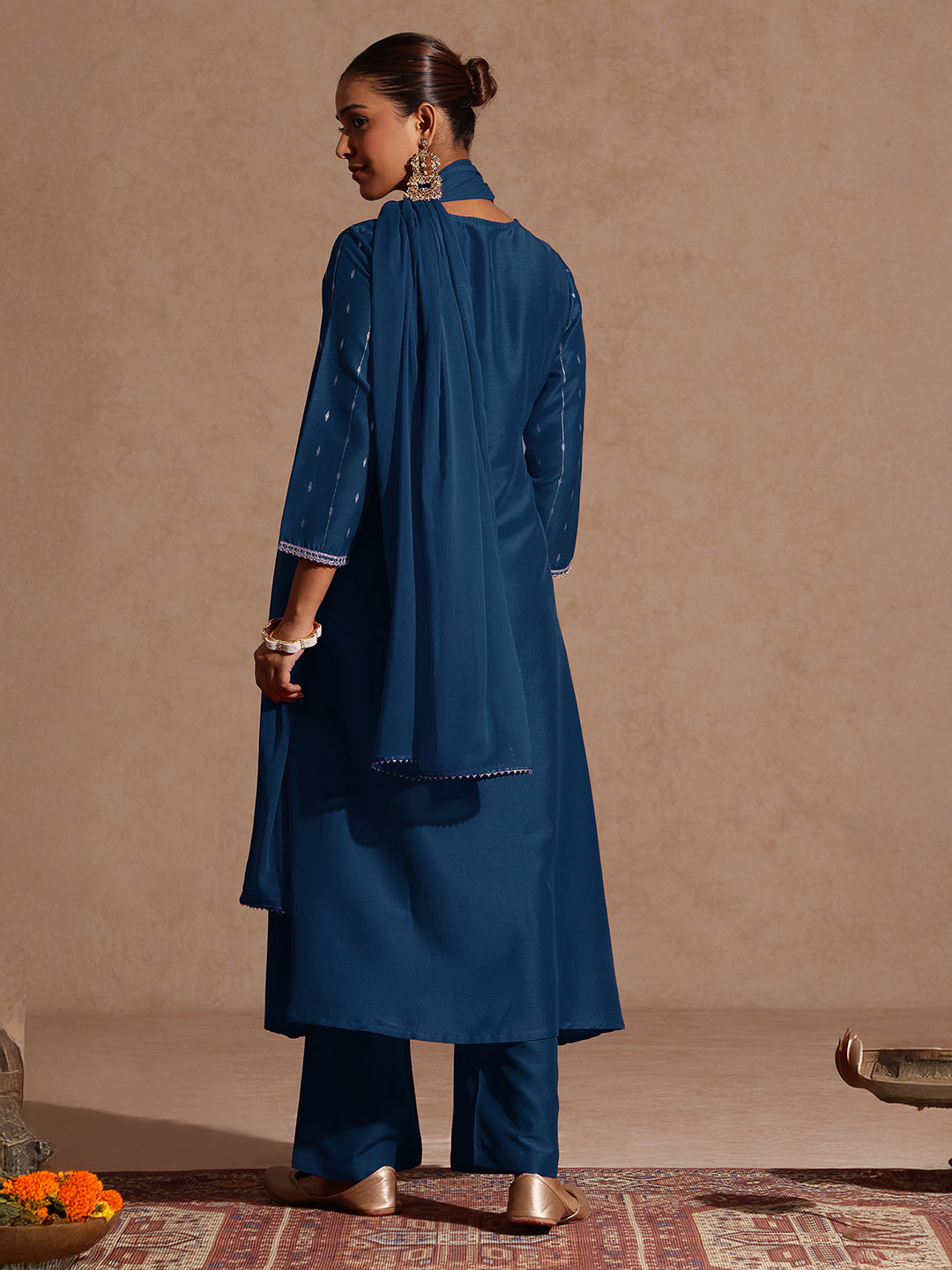 Ninnique Women's Teal Blue Silk Blend Zari Yoke Embroidered A-line Kurta Set With Dupatta