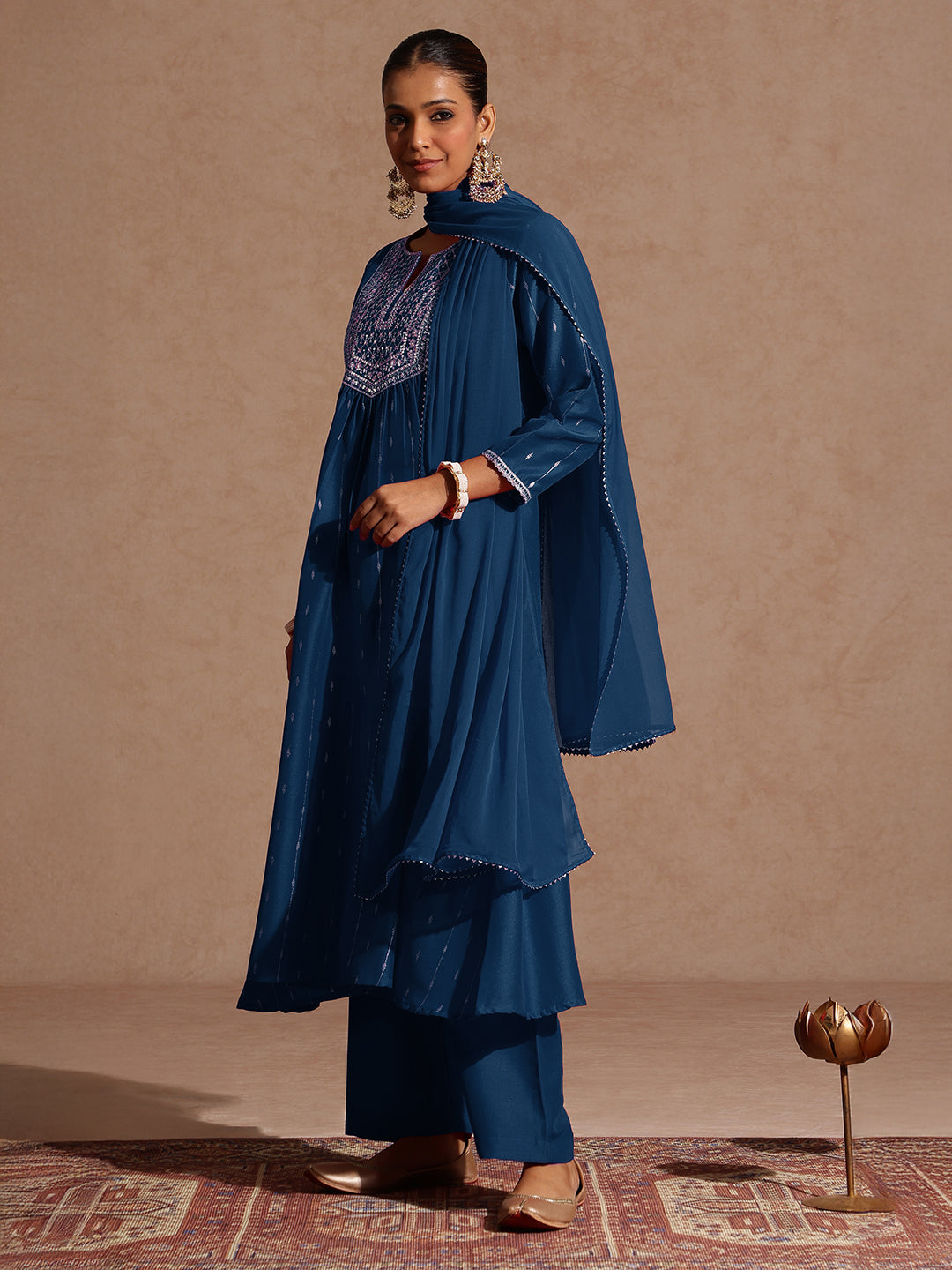 Ninnique Women's Teal Blue Silk Blend Zari Yoke Embroidered A-line Kurta Set With Dupatta