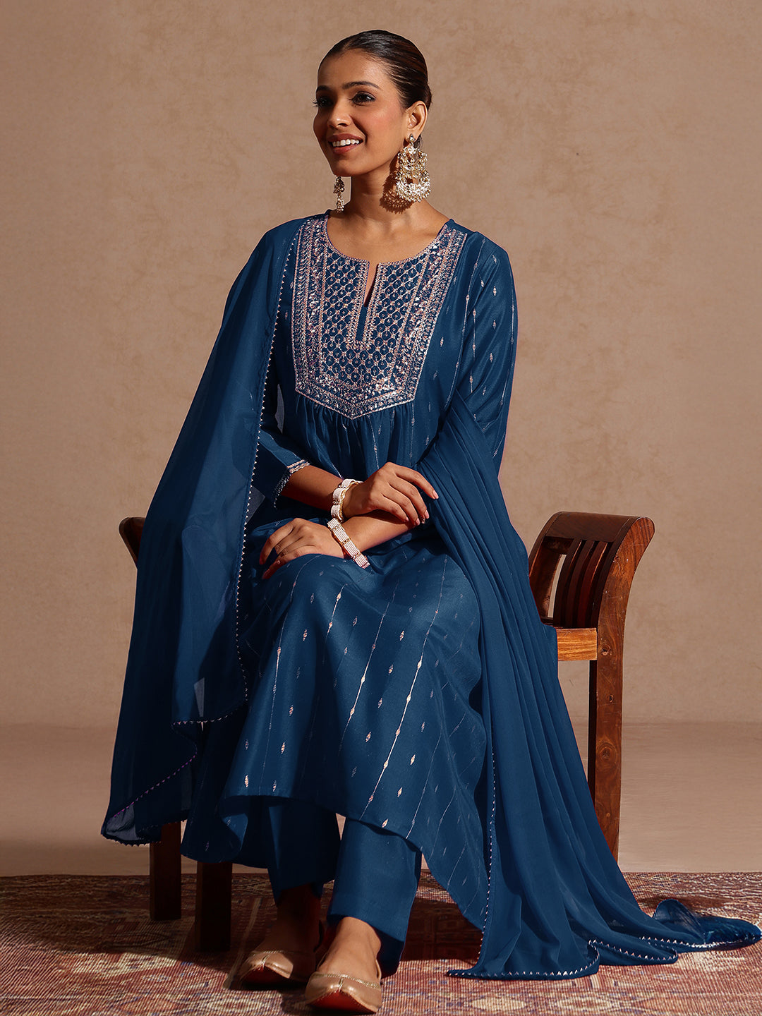 Ninnique Women's Teal Blue Silk Blend Zari Yoke Embroidered A-line Kurta Set With Dupatta