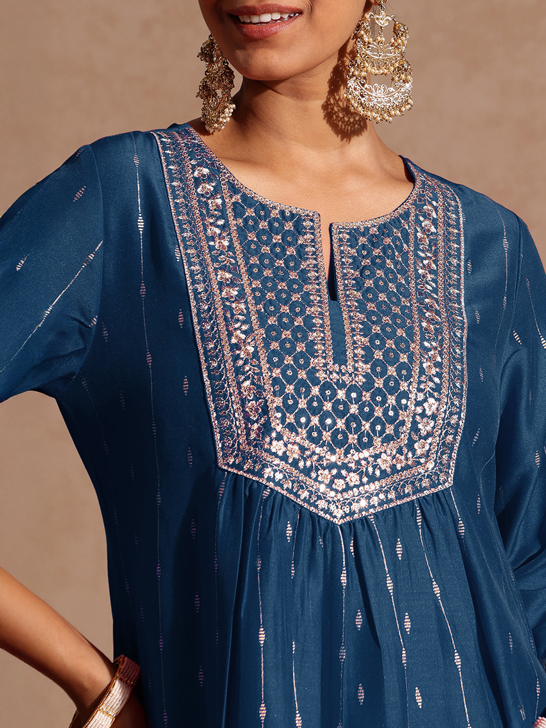 Ninnique Women's Teal Blue Silk Blend Zari Yoke Embroidered A-line Kurta Set With Dupatta
