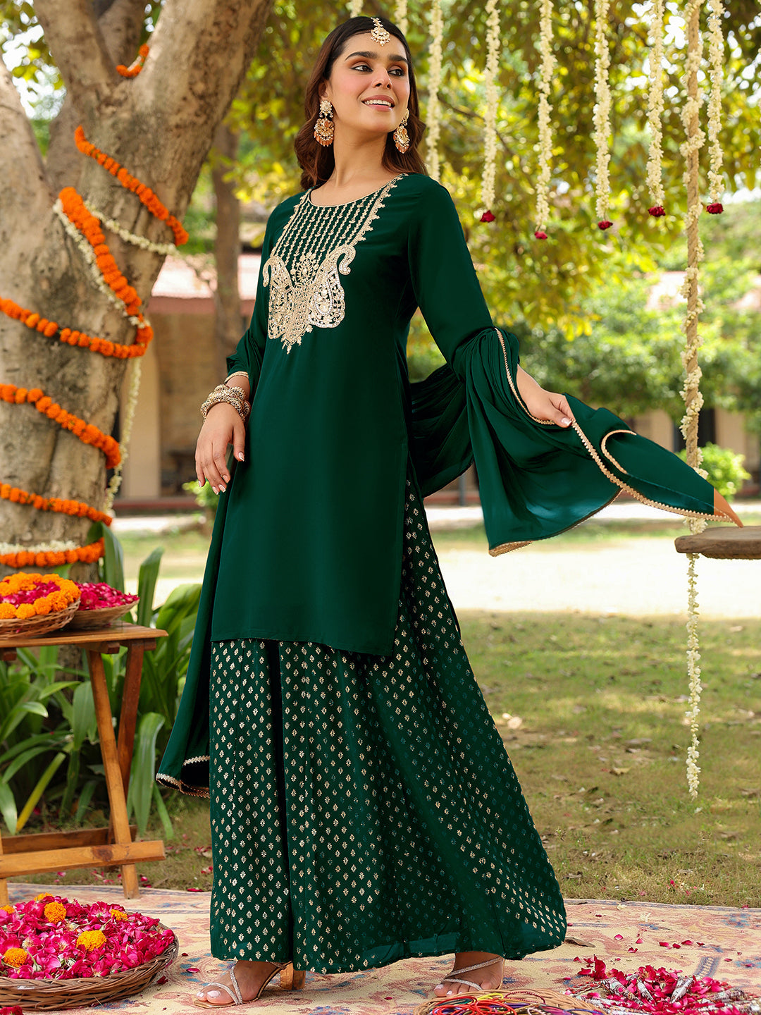 Ninnique Women's Dark Green Georgette Embroidered Straight Kurta With Sharara & Dupatta Set