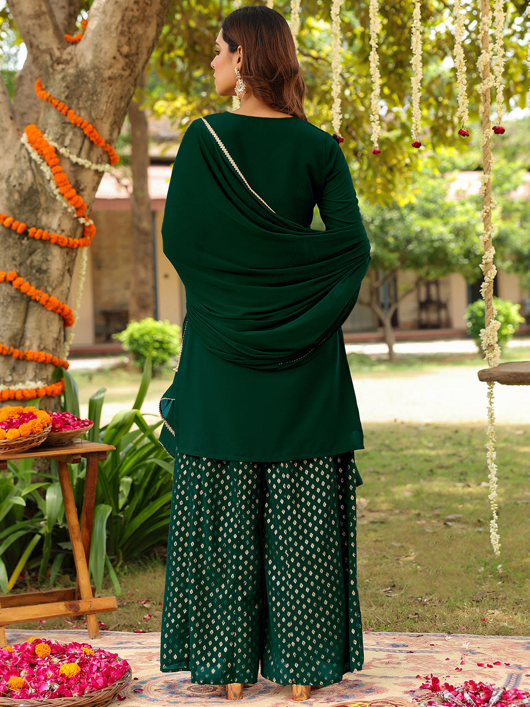 Ninnique Women's Dark Green Georgette Embroidered Straight Kurta With Sharara & Dupatta Set