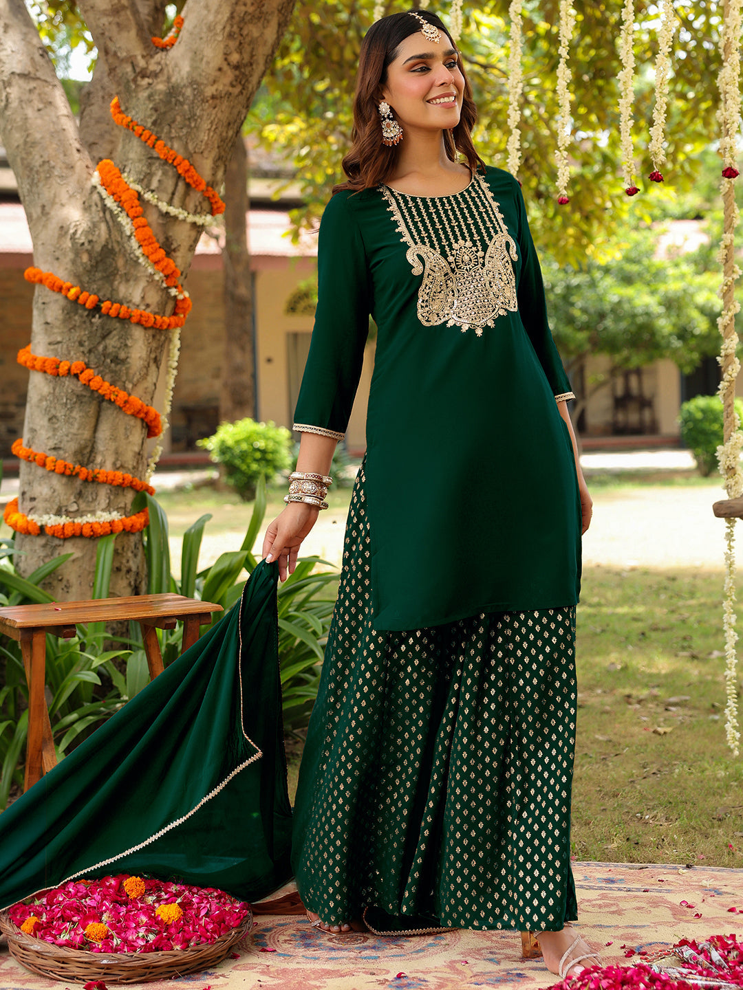 Ninnique Women's Dark Green Georgette Embroidered Straight Kurta With Sharara & Dupatta Set