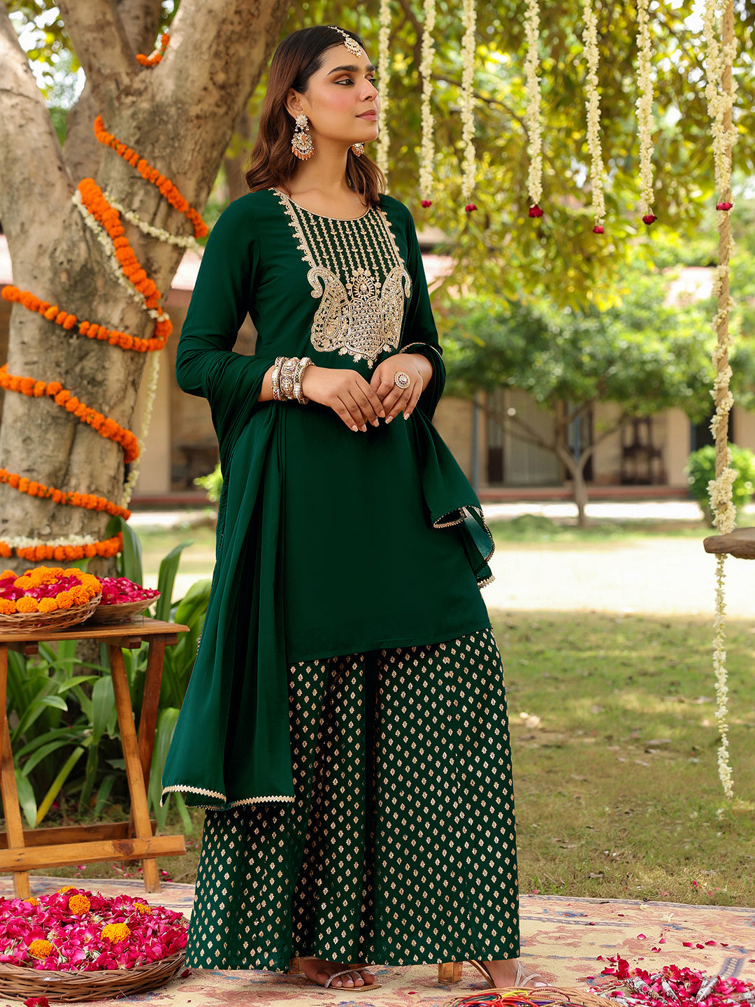 Ninnique Women's Dark Green Georgette Embroidered Straight Kurta With Sharara & Dupatta Set