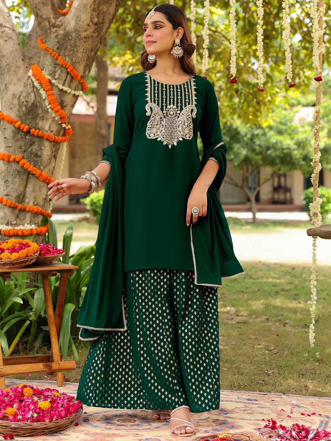 Ninnique Women's Dark Green Georgette Embroidered Straight Kurta With Sharara & Dupatta Set
