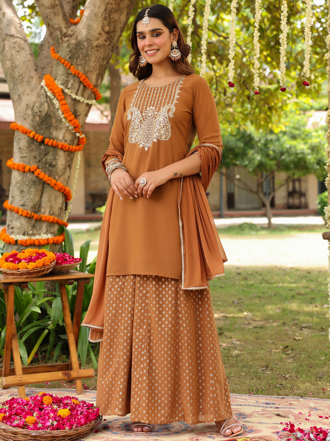 Ninnique Women's Brown Georgette Embroidered Straight Kurta With Sharara & Dupatta Set