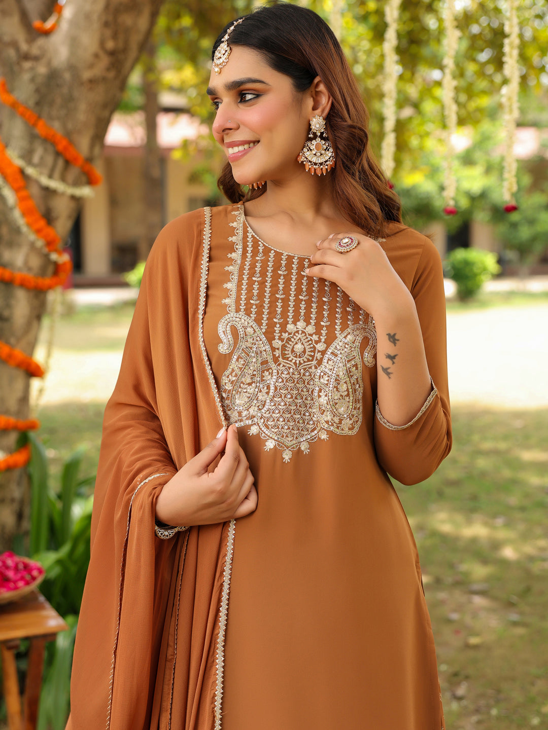 Ninnique Women's Brown Georgette Embroidered Straight Kurta With Sharara & Dupatta Set