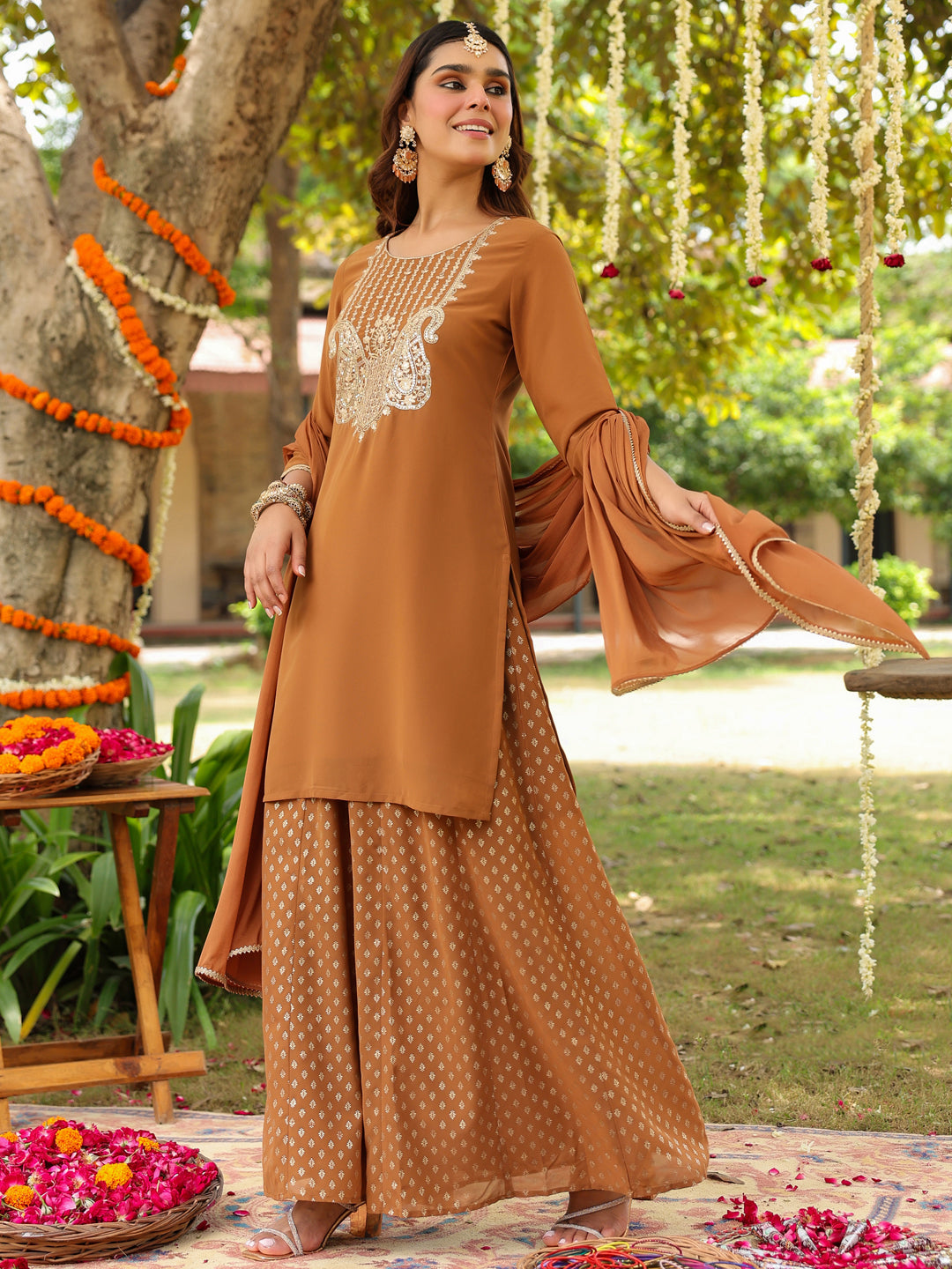 Ninnique Women's Brown Georgette Embroidered Straight Kurta With Sharara & Dupatta Set