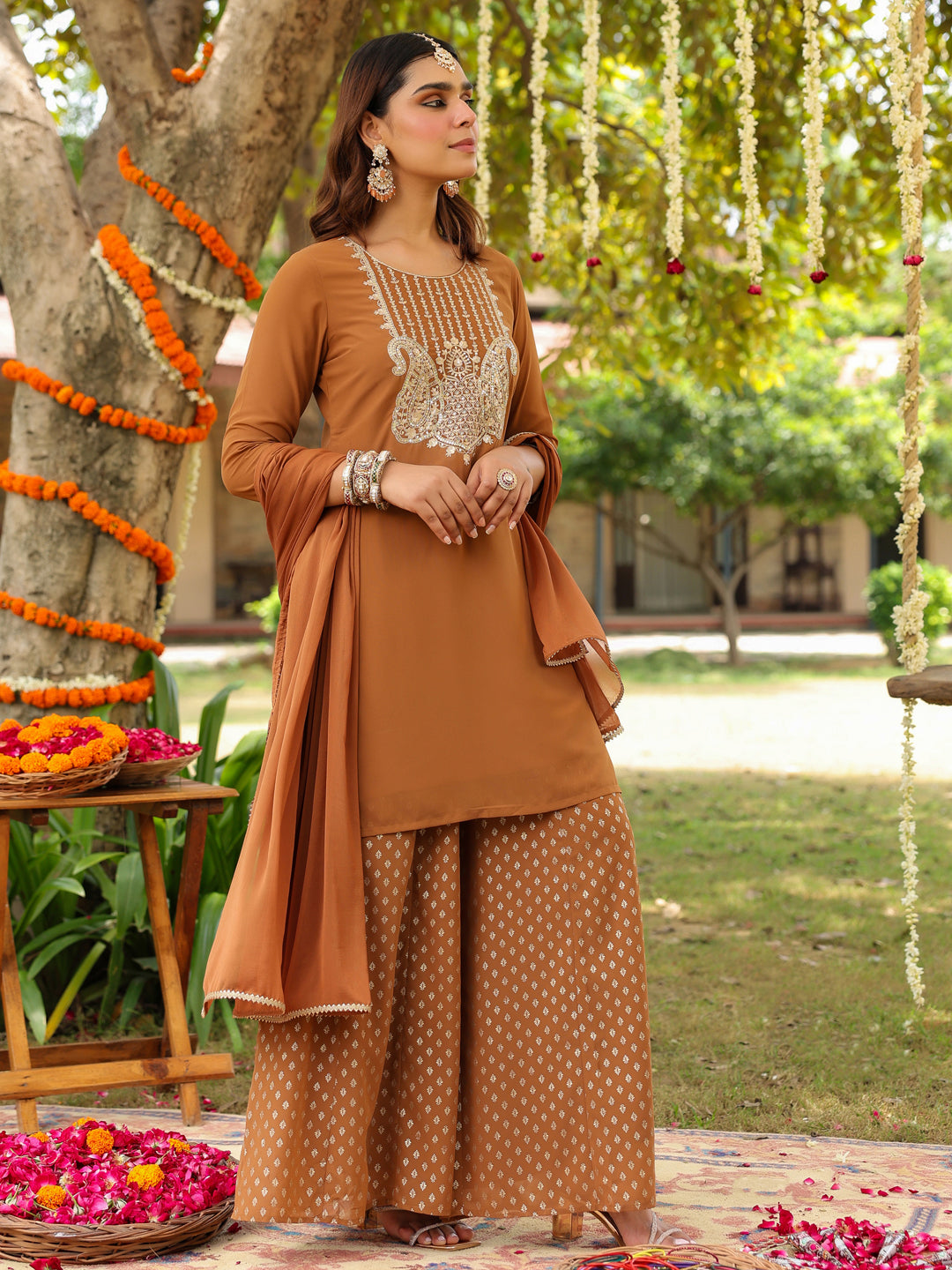 Ninnique Women's Brown Georgette Embroidered Straight Kurta With Sharara & Dupatta Set