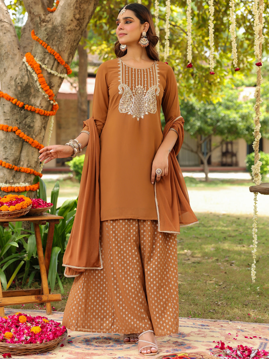 Ninnique Women's Brown Georgette Embroidered Straight Kurta With Sharara & Dupatta Set