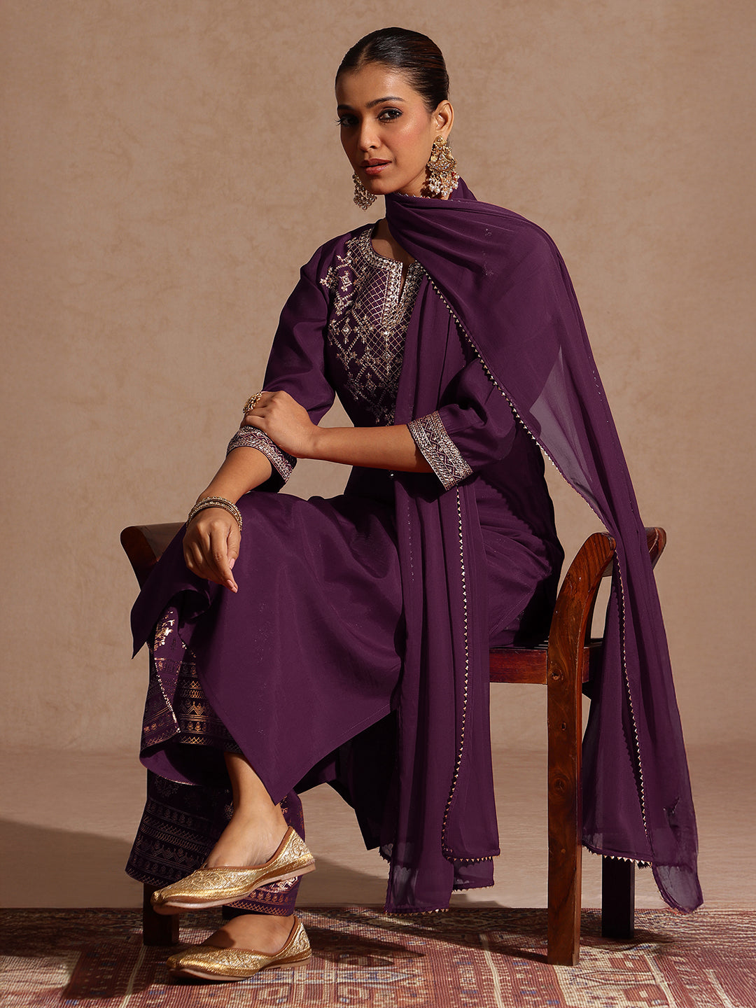 Ninnique Women's Wine Chanderi Silk Embellished Straight Kurta With Palazzo & Dupatta Set