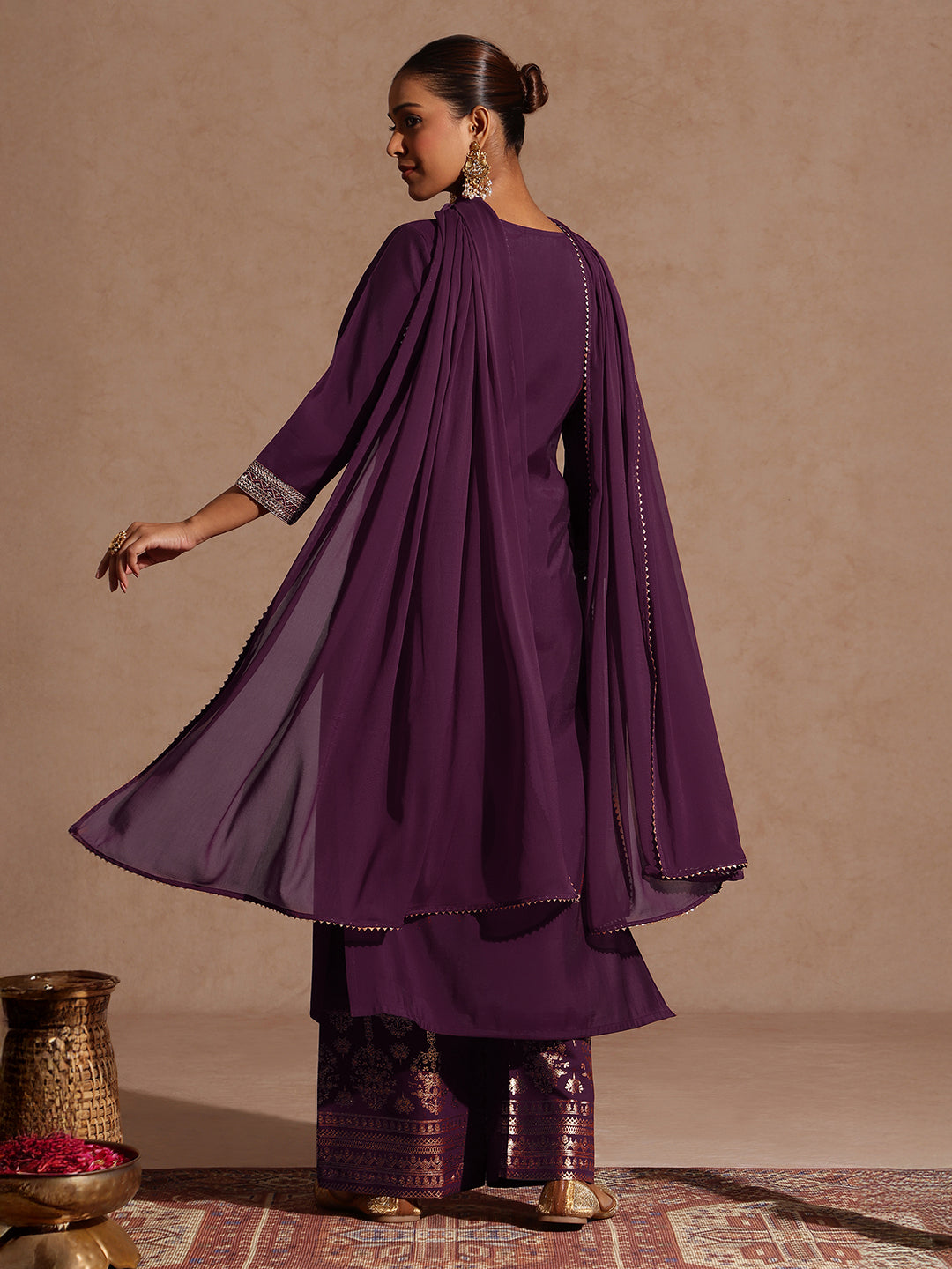 Ninnique Women's Wine Chanderi Silk Embellished Straight Kurta With Palazzo & Dupatta Set