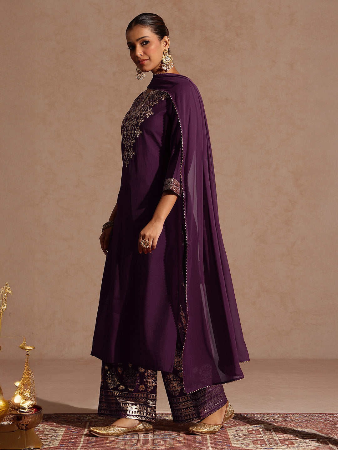 Ninnique Women's Wine Chanderi Silk Embellished Straight Kurta With Palazzo & Dupatta Set