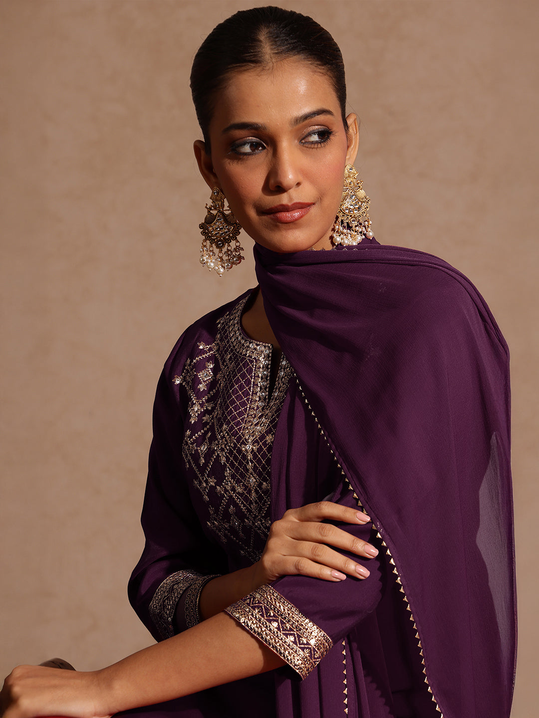 Ninnique Women's Wine Chanderi Silk Embellished Straight Kurta With Palazzo & Dupatta Set
