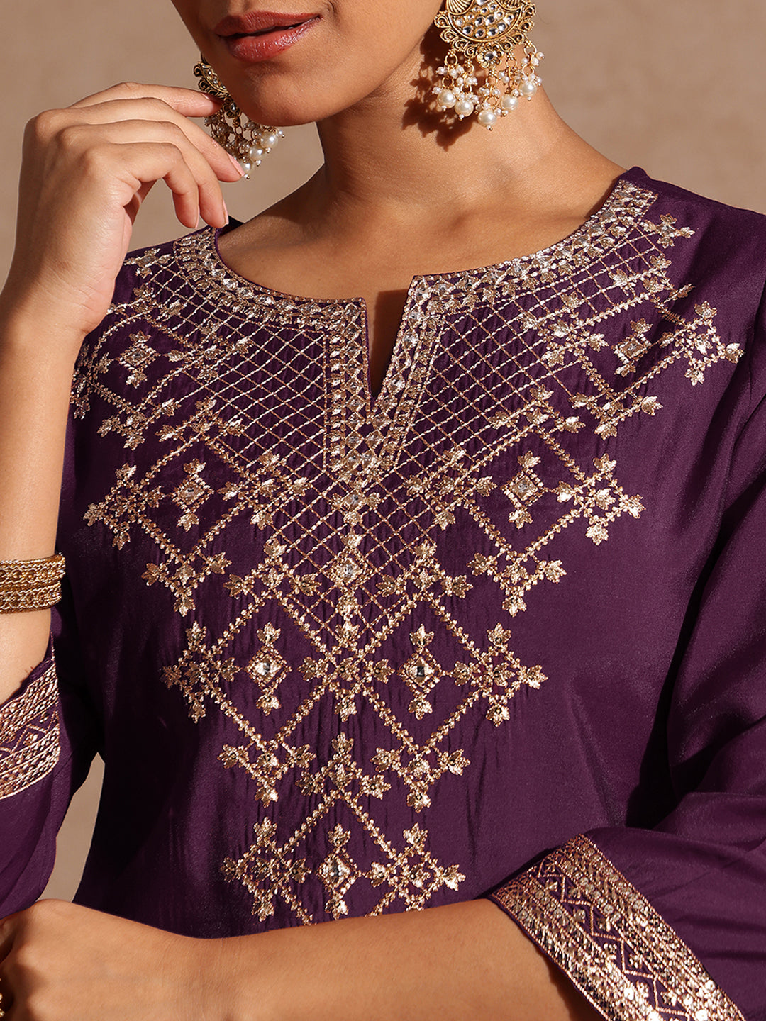 Ninnique Women's Wine Chanderi Silk Embellished Straight Kurta With Palazzo & Dupatta Set