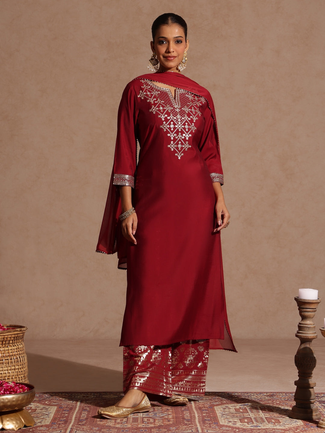 Ninnique Women's Maroon Chanderi Silk Zari Embroidered Gold Printed Straight Kurta Set