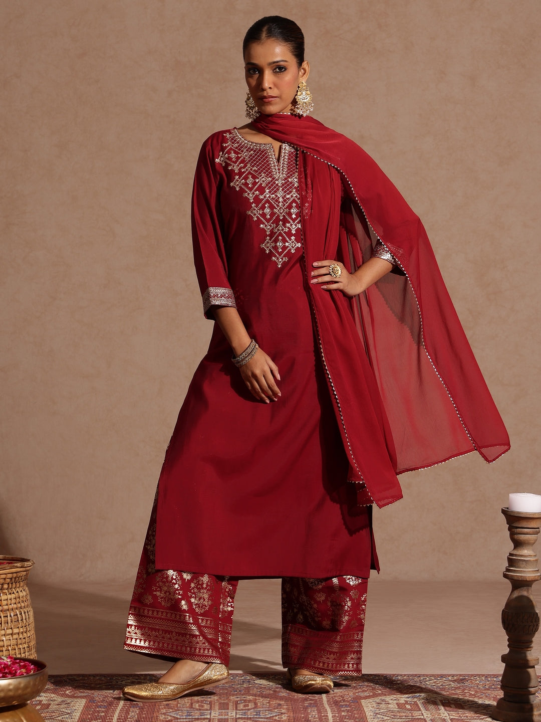 Ninnique Women's Maroon Chanderi Silk Zari Embroidered Gold Printed Straight Kurta Set
