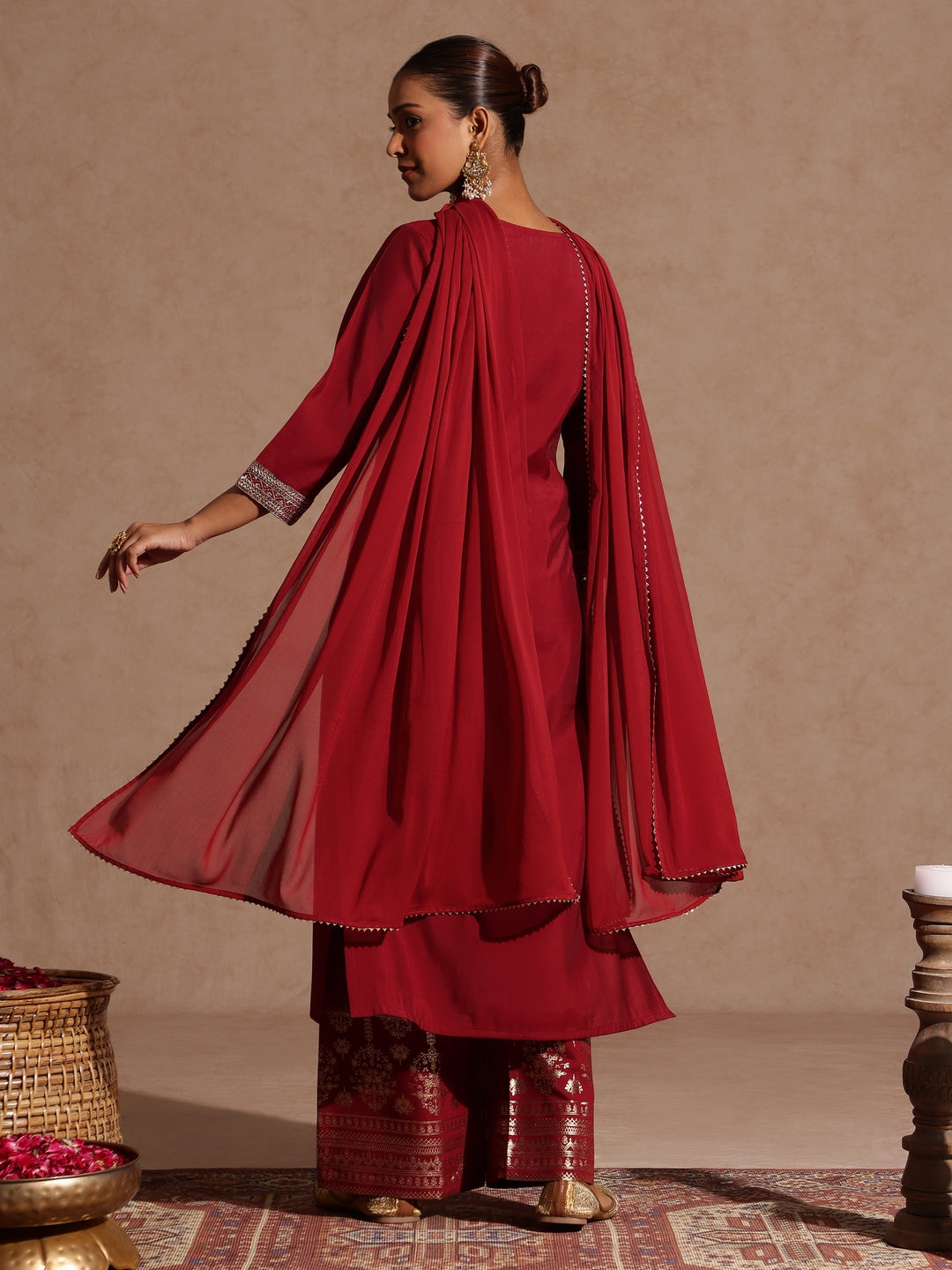 Ninnique Women's Maroon Chanderi Silk Zari Embroidered Gold Printed Straight Kurta Set