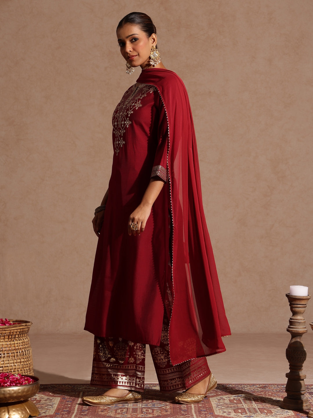 Ninnique Women's Maroon Chanderi Silk Zari Embroidered Gold Printed Straight Kurta Set