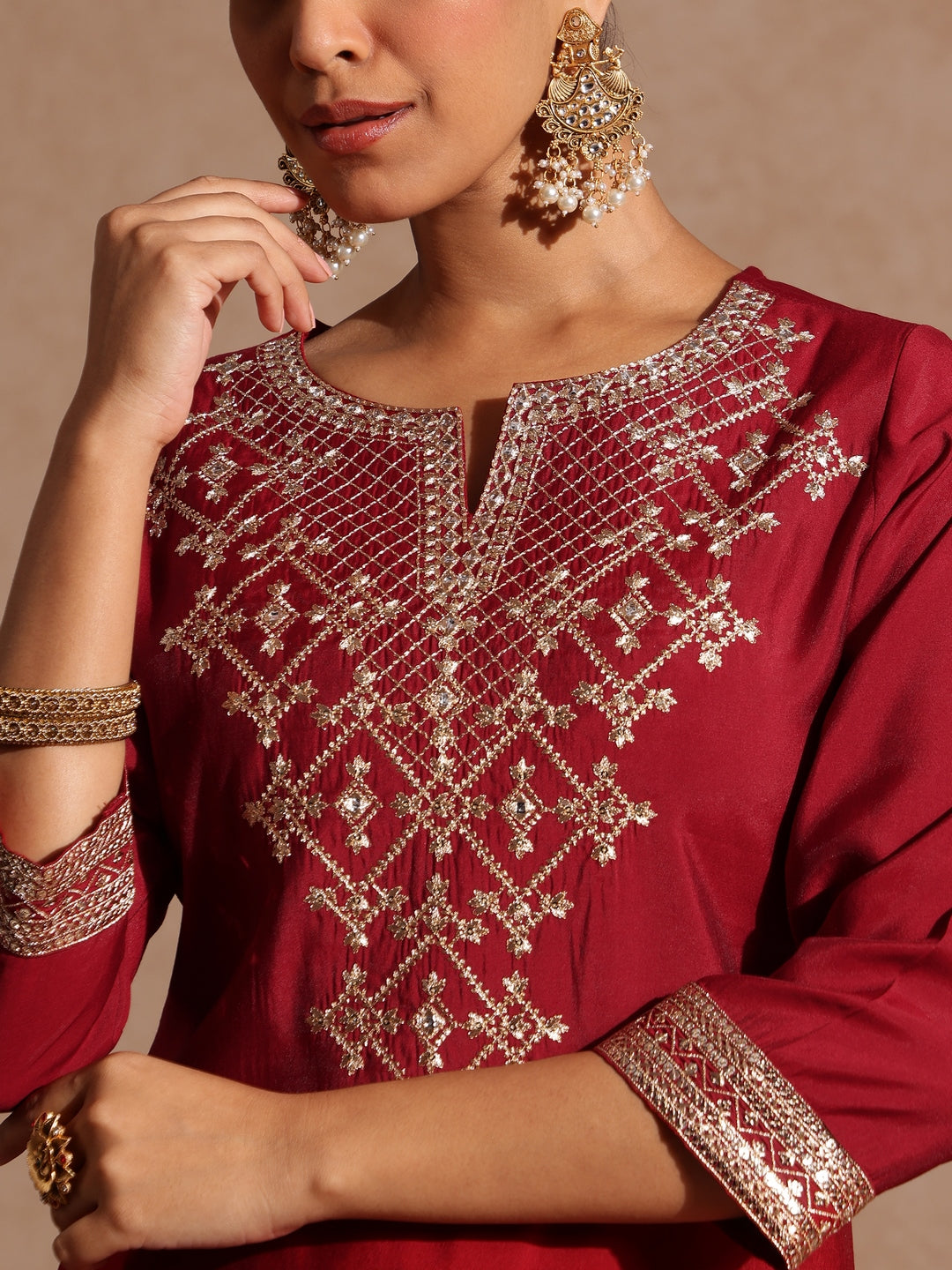 Ninnique Women's Maroon Chanderi Silk Zari Embroidered Gold Printed Straight Kurta Set