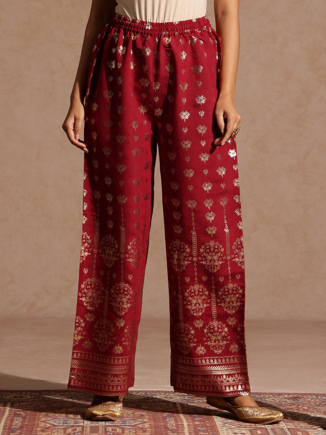 Ninnique Women's Maroon Chanderi Silk Zari Embroidered Gold Printed Straight Kurta Set