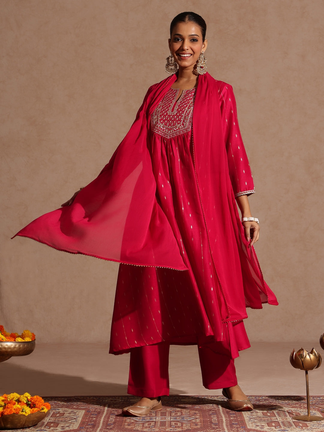 Ninnique Women's Pink Silk Blend Zari Yoke Embroidered A-line Kurta Set With Dupatta