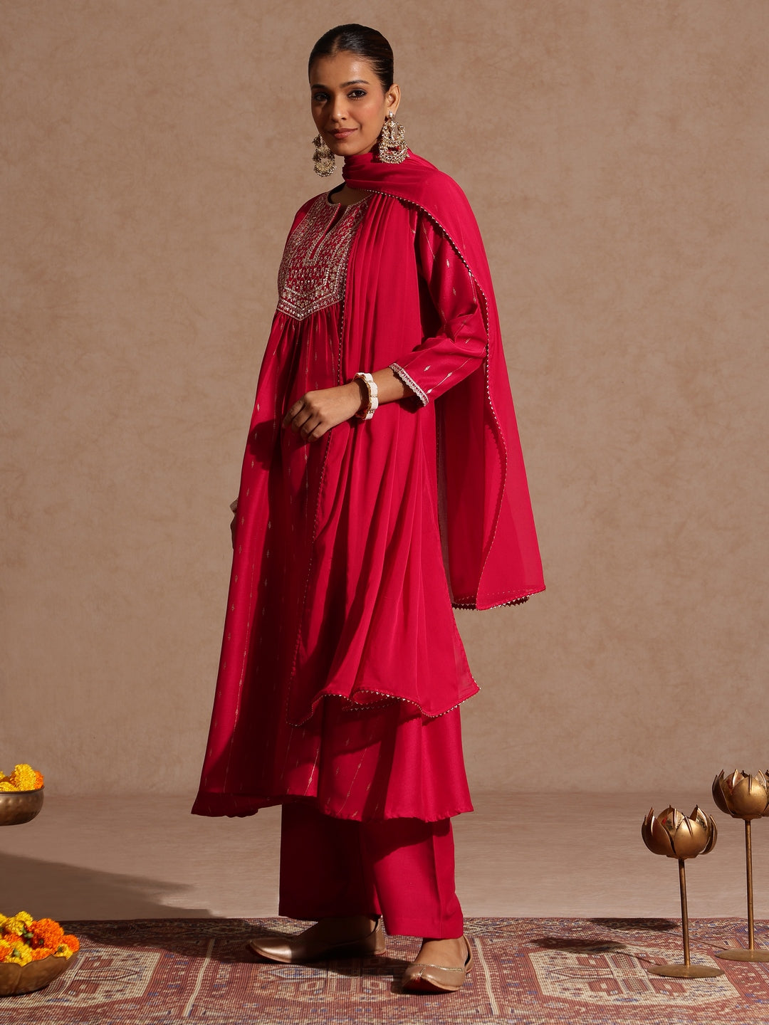 Ninnique Women's Pink Silk Blend Zari Yoke Embroidered A-line Kurta Set With Dupatta